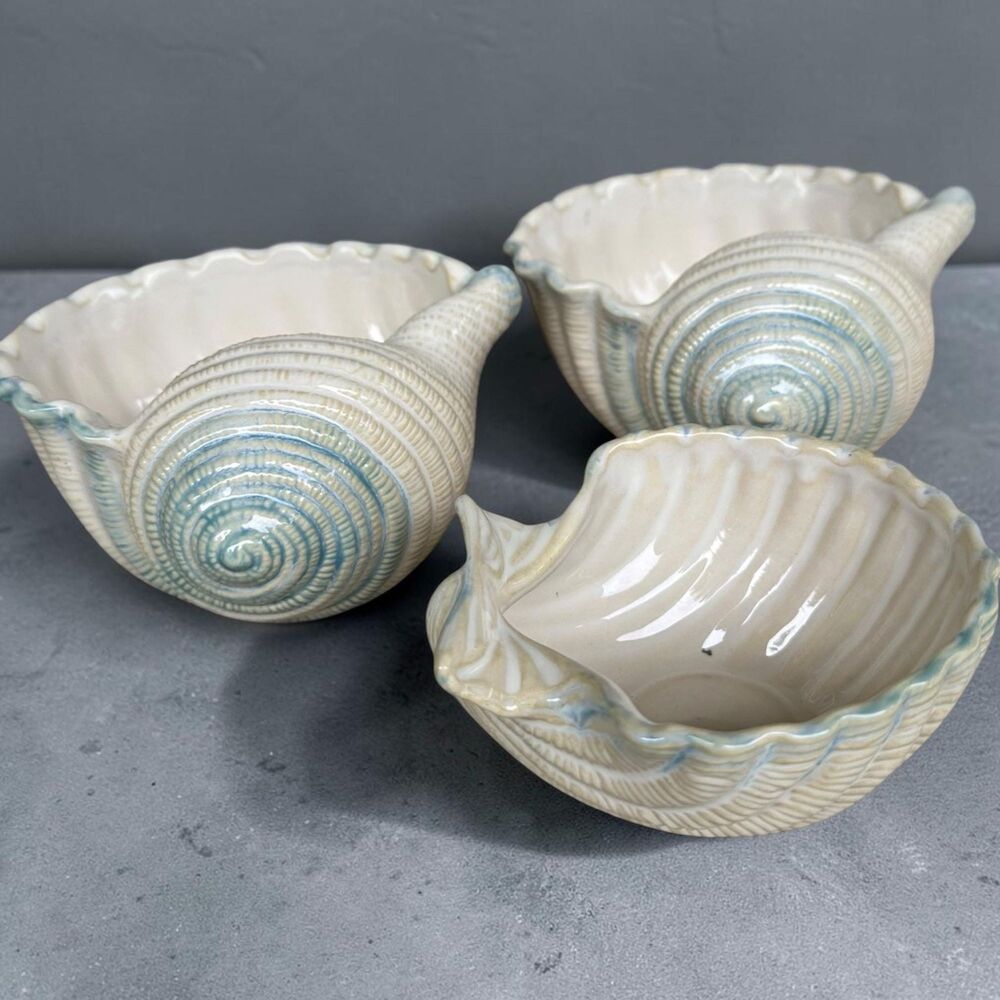 Set of 3 sea shell ceramic bowls planters by Shoreline Collection